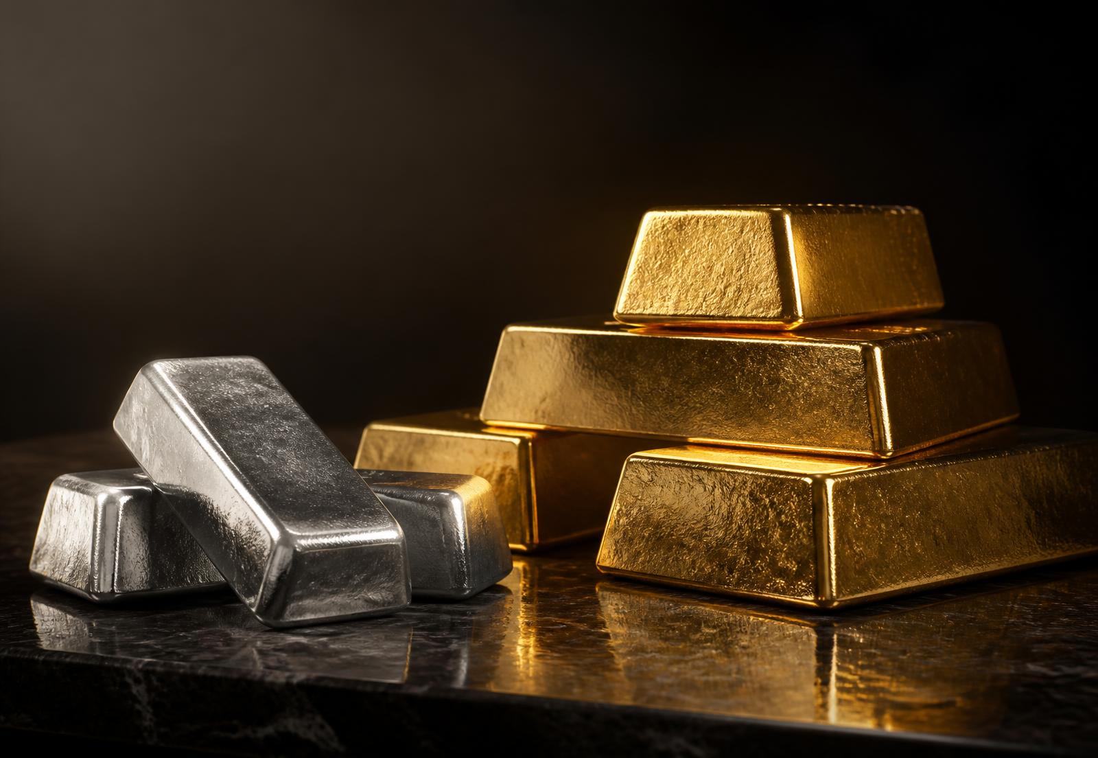 Gold and silver bullion bars resting on polished black stone